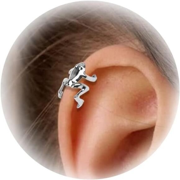 Frog Earrings Cuff Silver Cute Animal Jewelry for Women Accessory Gift - Picture 1 of 7